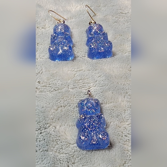 Handmade Resin Blue Gummy Bear Earrings and Pendant Set - Picture 2 of 5